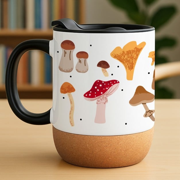 Kaffeebecher mit Aufdruck Weiß/Glänzend mit Korkboden für sie, eine Pilzliebhaberin