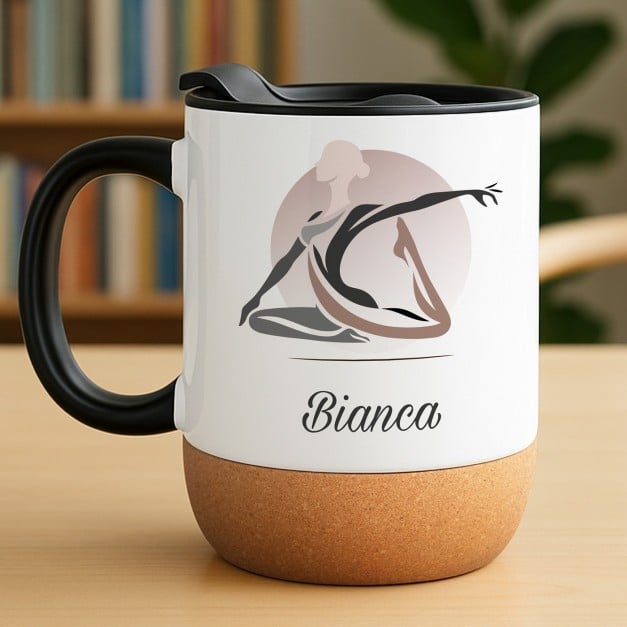 Kaffeebecher mit Aufdruck Weiß/Glänzend mit Korkboden für eine Yogaliebhaberin