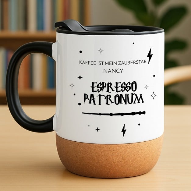 Kaffeebecher mit Aufdruck Weiß/Glänzend mit Korkboden für einen Harry Potter-Fan