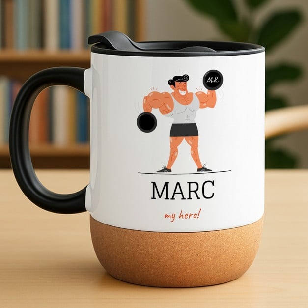 Kaffeebecher mit Aufdruck Weiß/Glänzend mit Korkboden für einen Bodybuilder zum Jungentag