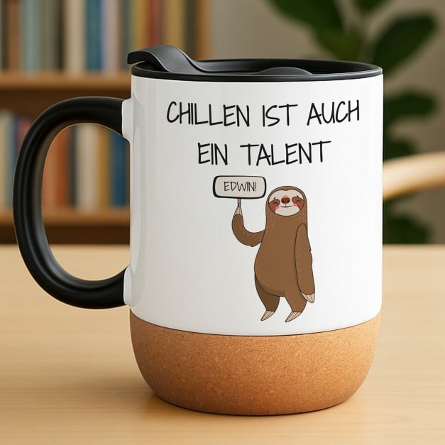 Kaffeebecher mit Aufdruck Weiß/Glänzend mit Korkboden für einen Arbeitskollegen