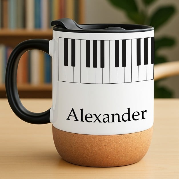 Kaffeebecher mit Aufdruck Weiß/Glänzend mit Korkboden für einen Klavierspieler zum Geburtstag