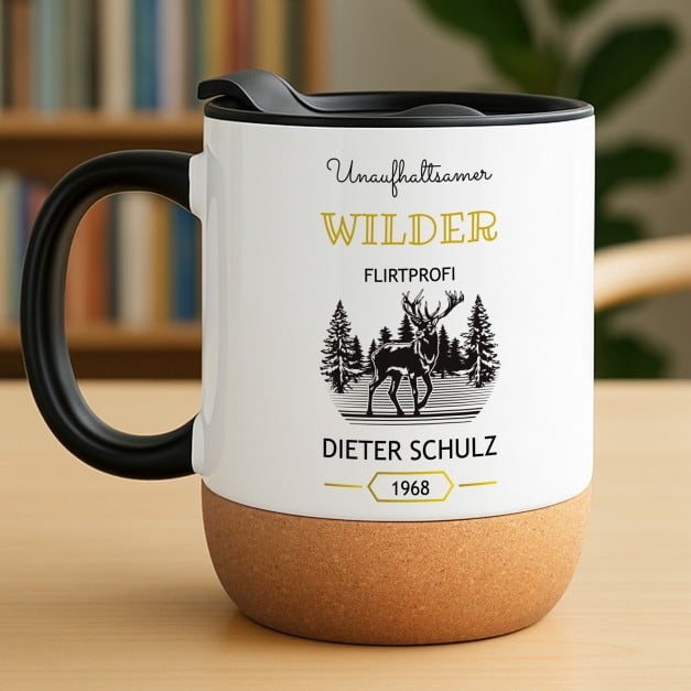 Kaffeebecher mit Aufdruck Weiß/Glänzend mit Korkboden für ihn, Ihren Freund, Kollegen