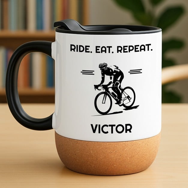 Kaffeebecher mit Aufdruck Weiß/Glänzend mit Korkboden für einen Radfahrer
