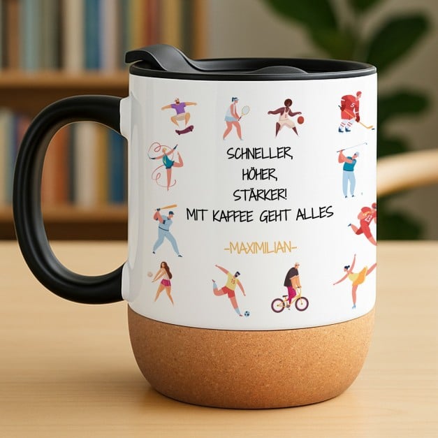 Kaffeebecher mit Aufdruck Weiß/Glänzend mit Korkboden für einen Sportler