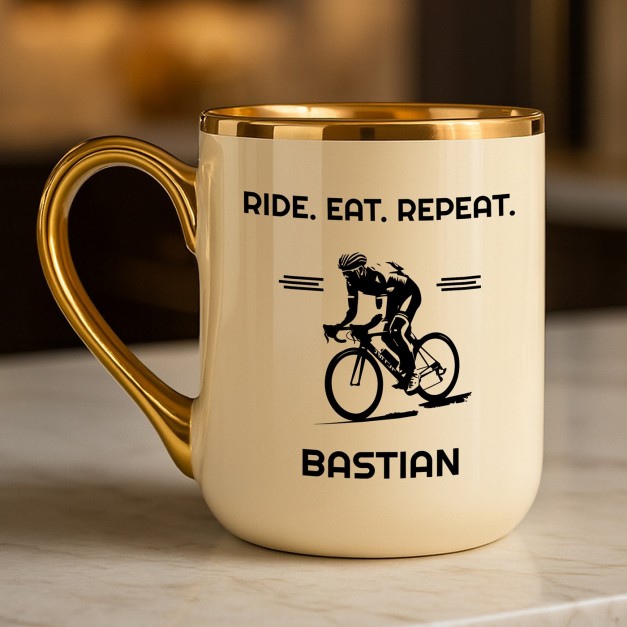 Kaffeebecher mit Goldakzenten und Aufdruck für einen Radfahrer zum Geburtstag