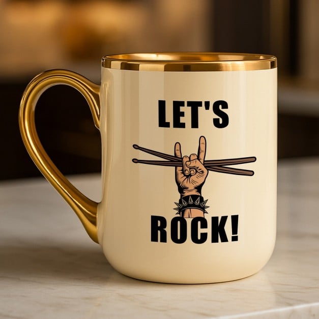 Kaffeebecher mit Goldakzenten und Aufdruck für einen Musiker, Schlagzeuger