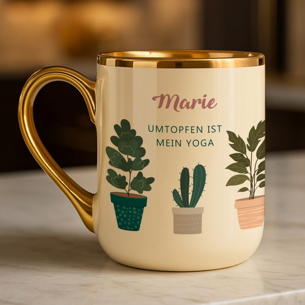 Kaffeebecher mit Goldakzenten und Aufdruck für eine Gärtnerin
