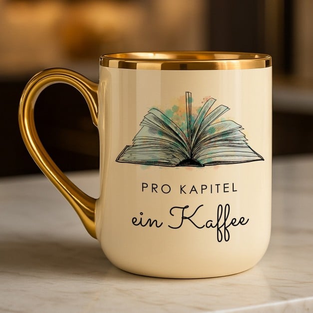 Kaffeebecher mit Goldakzenten und Aufdruck für einen Bücherwurm
