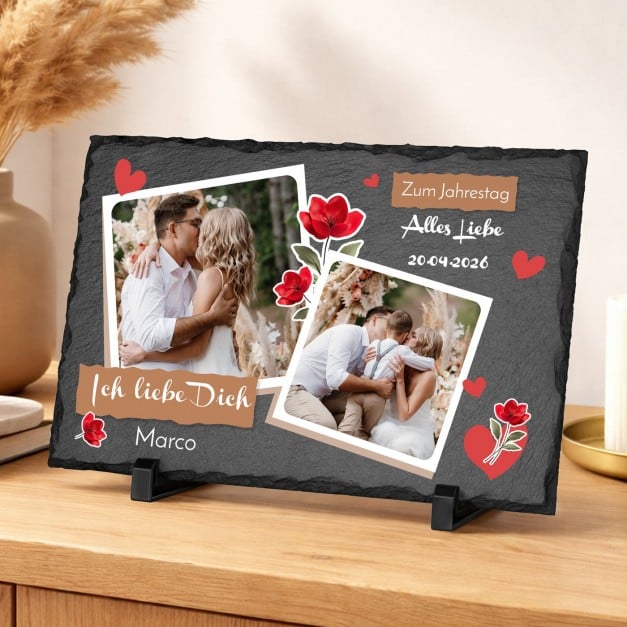 Eckige Schieferplatte mit Aufdruck für ein Liebespaar zum Hochzeitstag