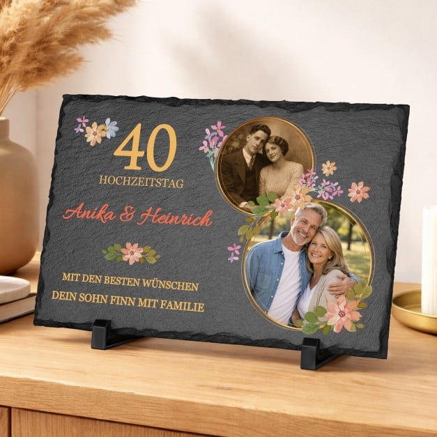 Eckige Schieferplatte mit Aufdruck für Ihre Eltern zum 40. Hochzeitstag