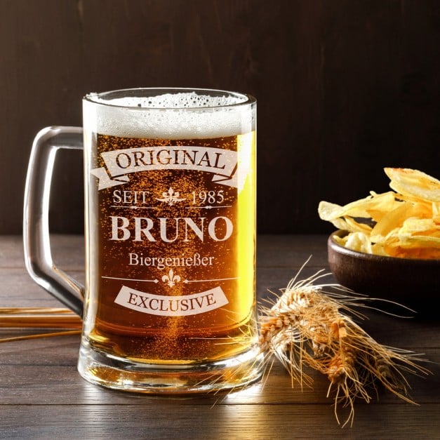 Bierkrug aus Glas für einen Gentleman zum Geburtstag