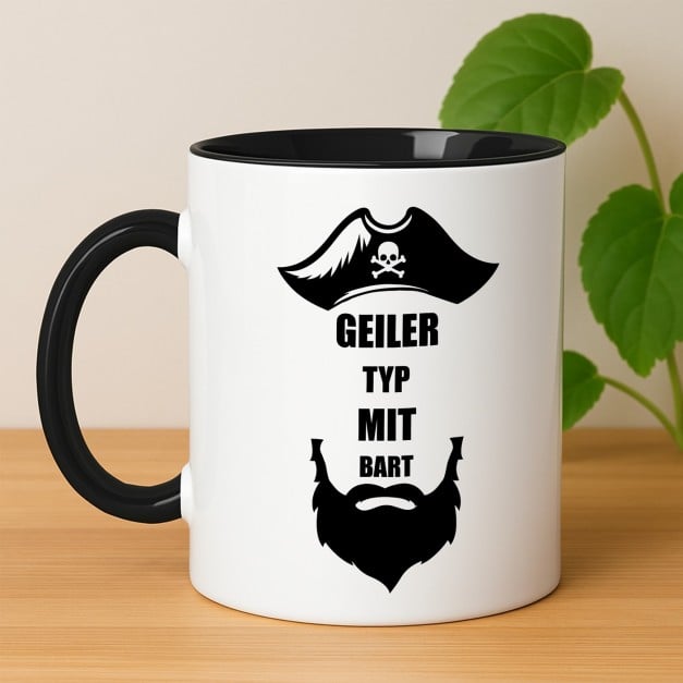 Kaffeebecher mit Aufdruck Weiß/Glänzend Innen Schwarz für Bartträger zum Geburtstag