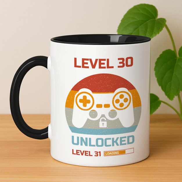 Kaffeebecher mit Aufdruck Weiß/Glänzend Innen Schwarz für einen Gamer zum 30. Geburtstag