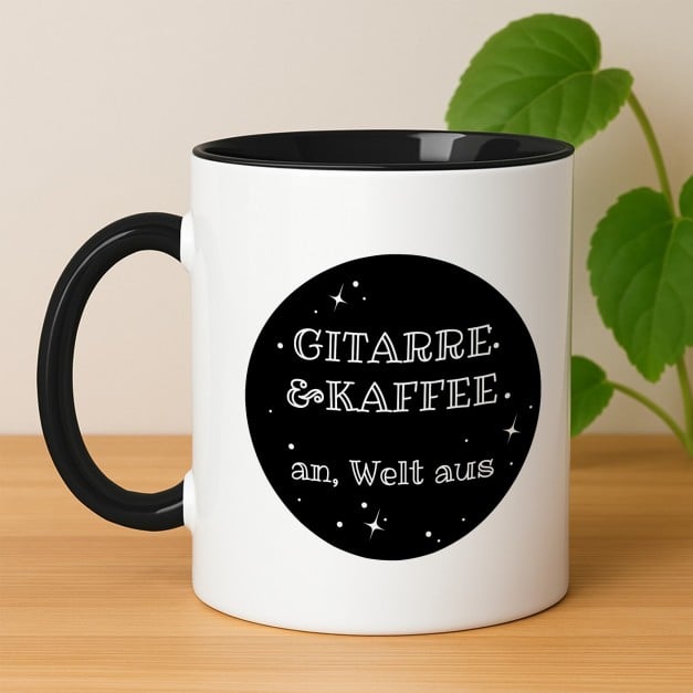 Kaffeebecher mit Aufdruck Weiß/Glänzend Innen Schwarz für einen Gitarristen Musiker