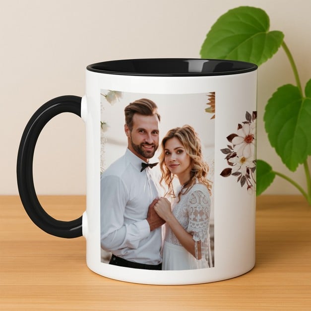 Kaffeebecher mit Foto Weiß/Glänzend Innen Schwarz für ein Brautpaar zur Hochzeit