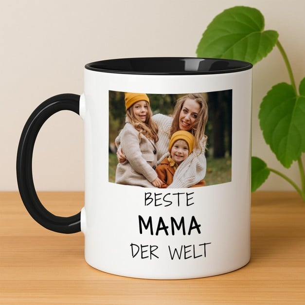 Kaffeebecher mit Foto Weiß/Glänzend Innen Schwarz für Ihre Mama zum Muttertag