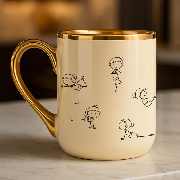 Kaffeebecher mit Goldakzenten und Aufdruck für eine Fitnesstrainerin