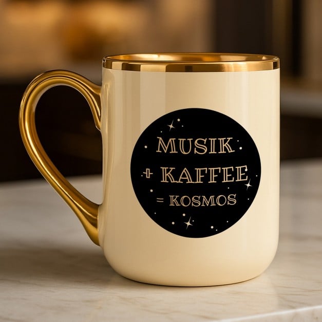 Kaffeebecher mit Goldakzenten und Aufdruck für einen Musiker