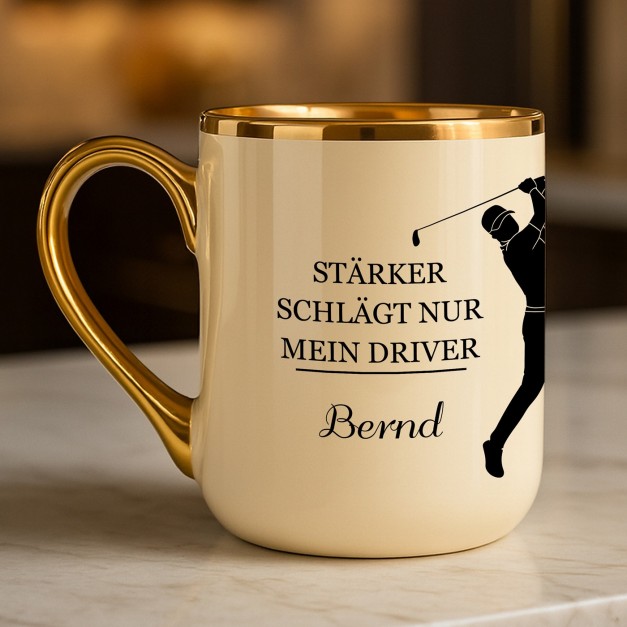 Kaffeebecher mit Goldakzenten und Aufdruck für einen Golfer