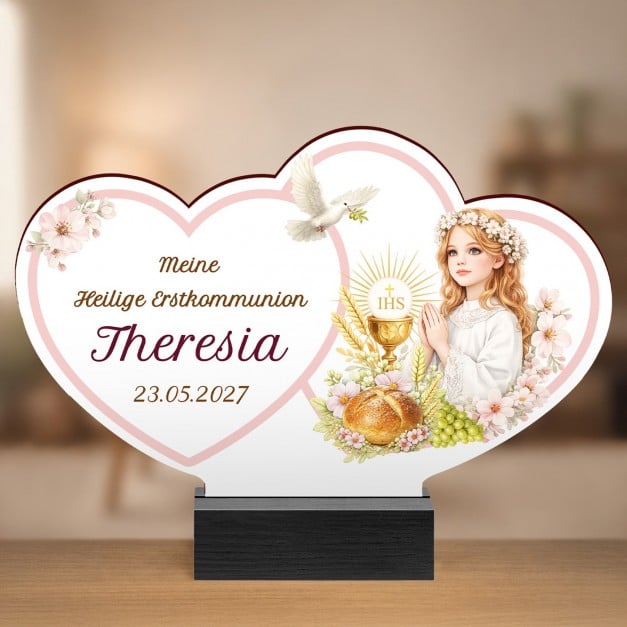 Holz-Statuette mit Aufdruck für ein Mädchen zur heiligen Kommunion