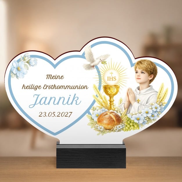 Holz-Statuette mit Aufdruck für einen Jungen zur heiligen Kommunion