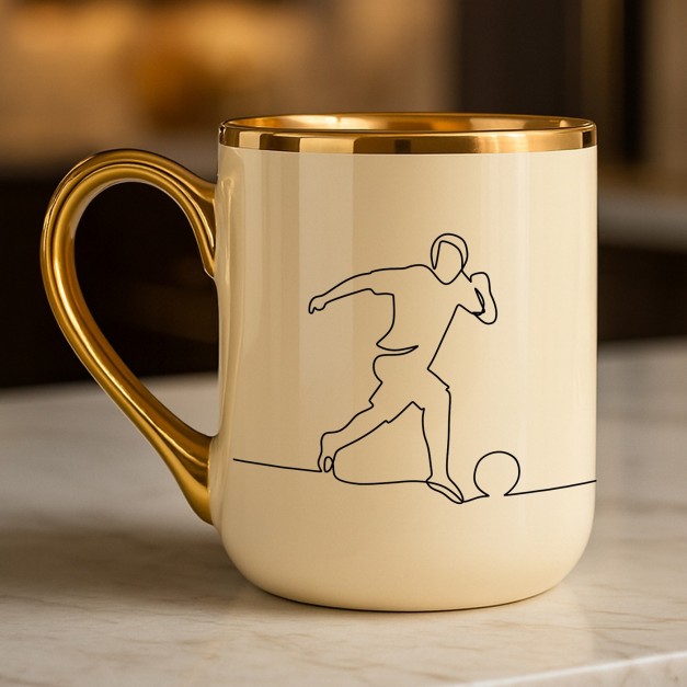 Kaffeebecher mit Goldakzenten und Aufdruck für einen Fußballfan zum Geburtstag
