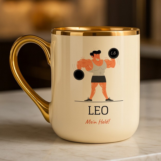 Kaffeebecher mit Goldakzenten und Aufdruck für einen echten Kraftprotz zum Valentinstag, Geburtstag