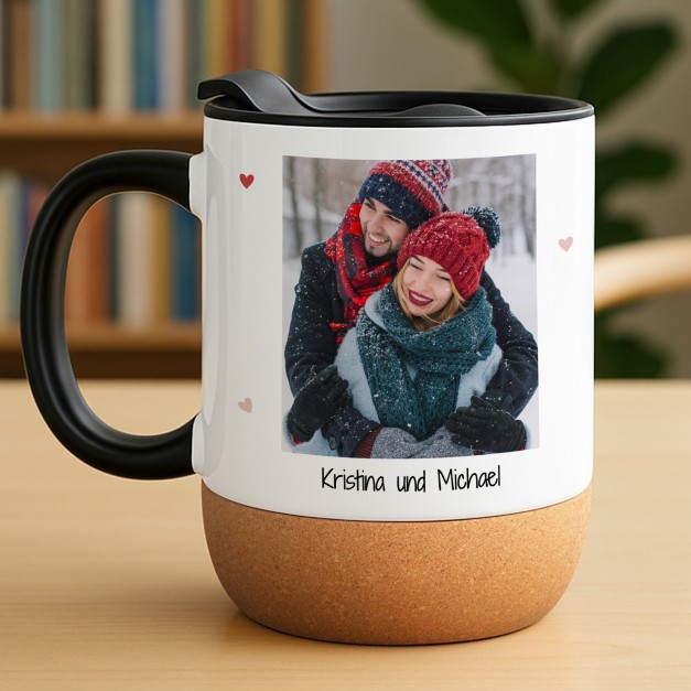 Kaffeebecher mit Foto Weiß/Glänzend mit Korkboden für Ihre Ehefrau zum Valentinstag