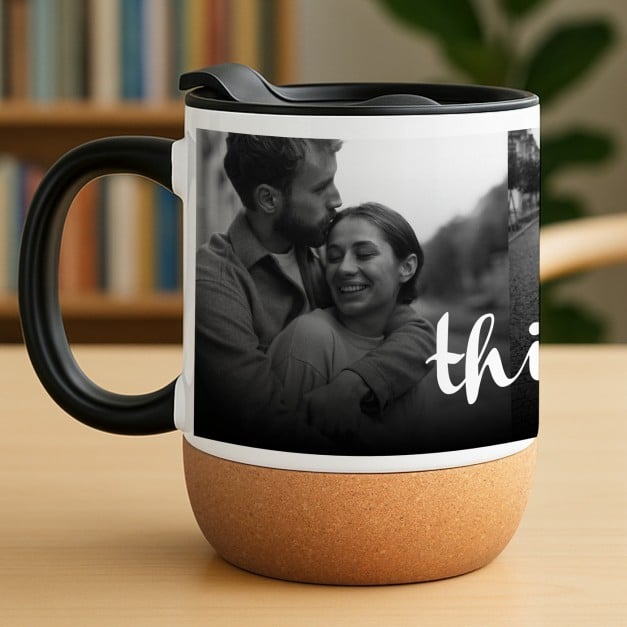 Kaffeebecher mit Foto Weiß/Glänzend mit Korkboden für sie ihn zum Jahrestag