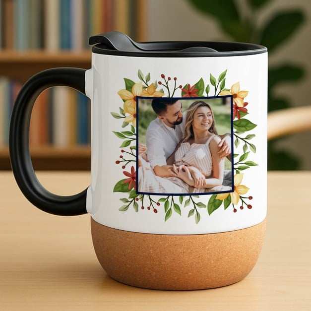 Kaffeebecher mit Foto Weiß/Glänzend mit Korkboden für sie zum Geburtstag