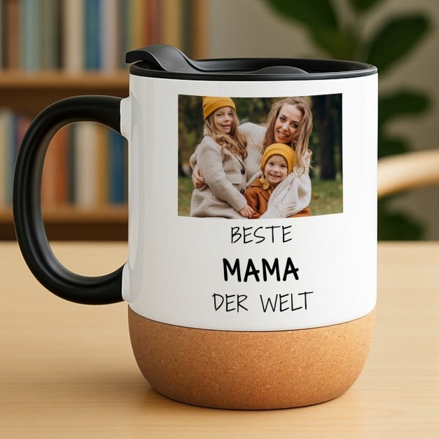 Kaffeebecher mit Foto Weiß/Glänzend mit Korkboden für Ihre Mama zum Geburtstag