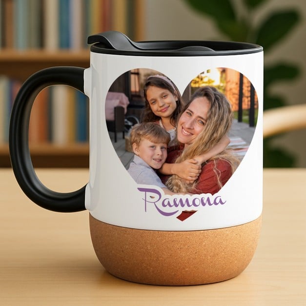 Kaffeebecher mit Foto Weiß/Glänzend mit Korkboden für Ihre Mama zum Geburtstag