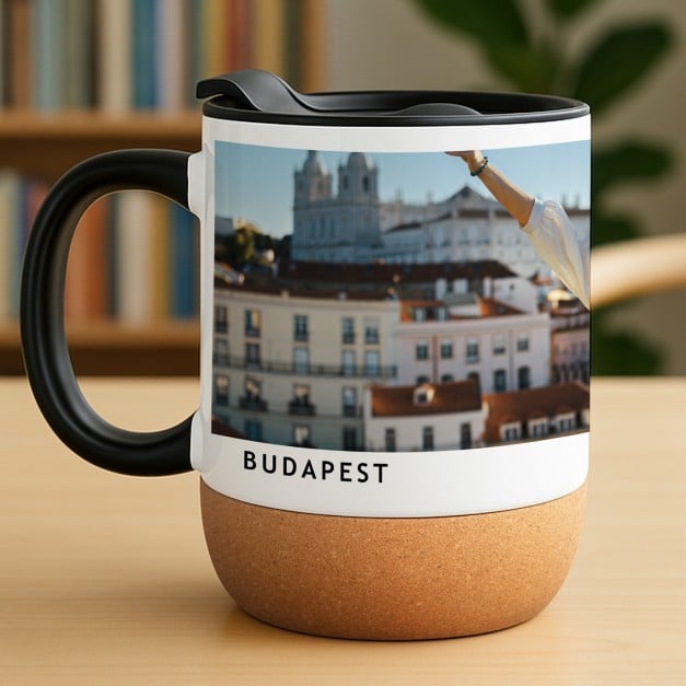 Kaffeebecher mit Foto Weiß/Glänzend mit Korkboden für einen Weltenbummler