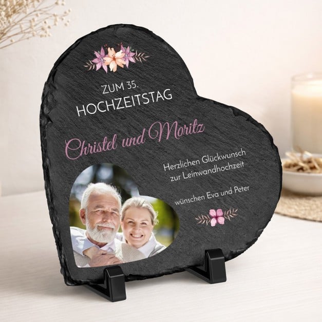 Herzförmige Schieferplatte mit Aufdruck zum 35. Hochzeitstag