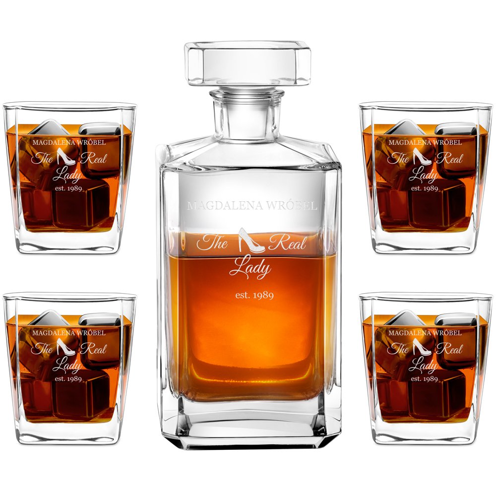 Bourbon Karaffe Set mit 4 Gläsern und Gravur für eine Dame zum Geburtstag