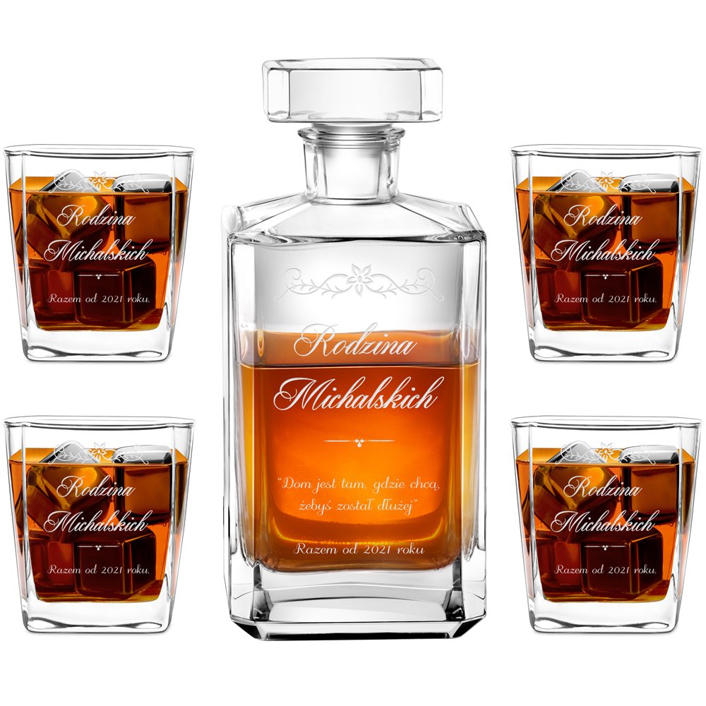 Bourbon Karaffe Set mit 4 Gläsern und Gravur für ein Paar zur Hochzeit zum Einzug