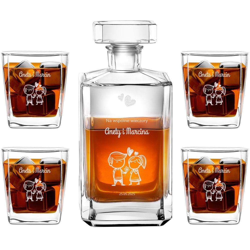 Bourbon Karaffe Set mit 4 Gläsern und Gravur für ein Paar zur Hochzeit zum Jahrestag Valentinstag