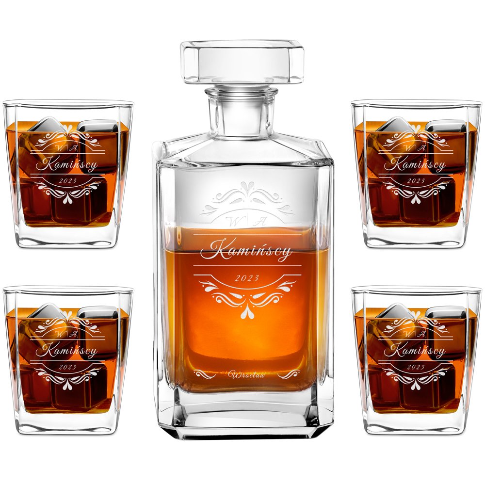 Bourbon Karaffe Set mit 4 Gläsern und Gravur für ein Paar zum Jahrestag