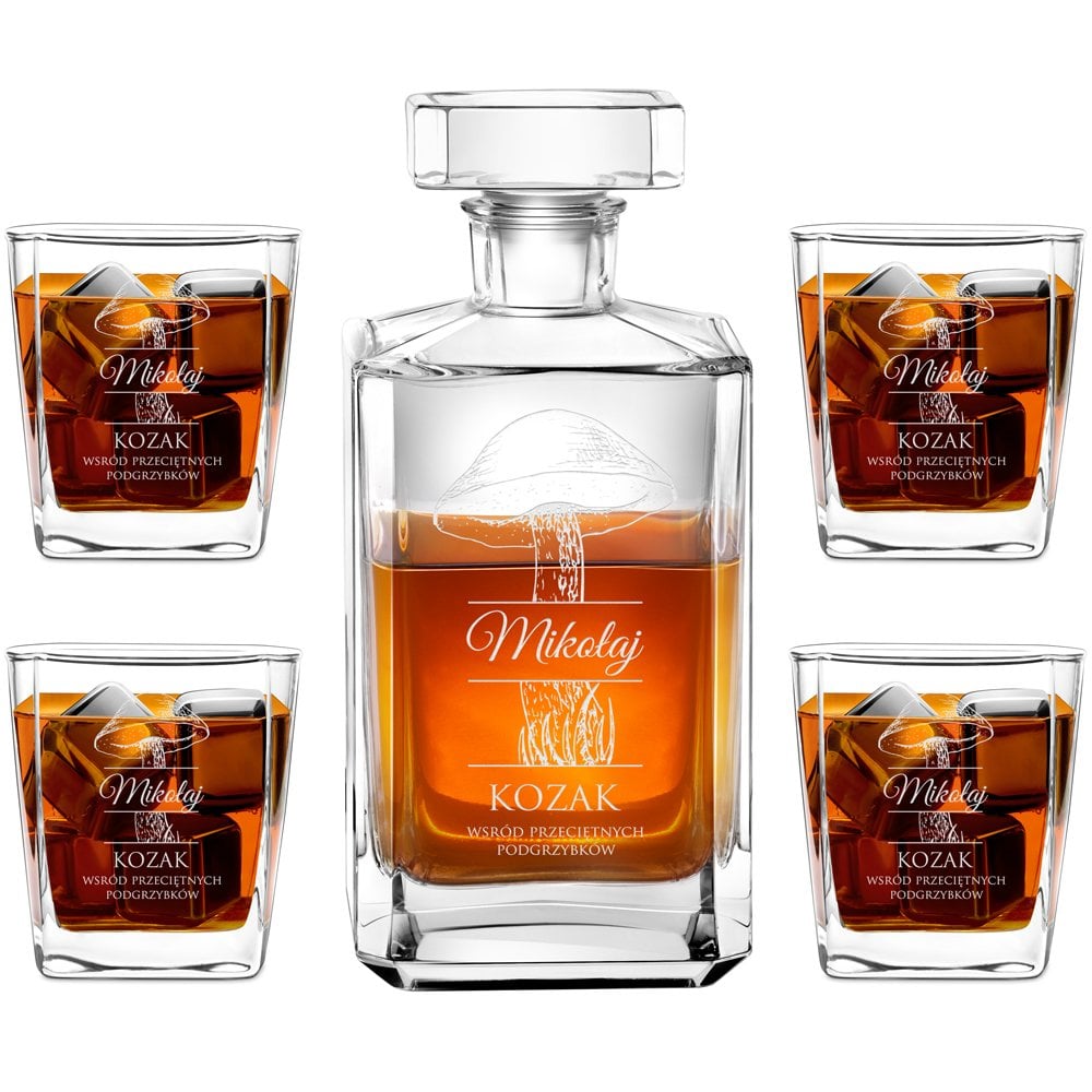 Bourbon Karaffe Set mit 4 Gläsern und Gravur für einen Pilzsammler