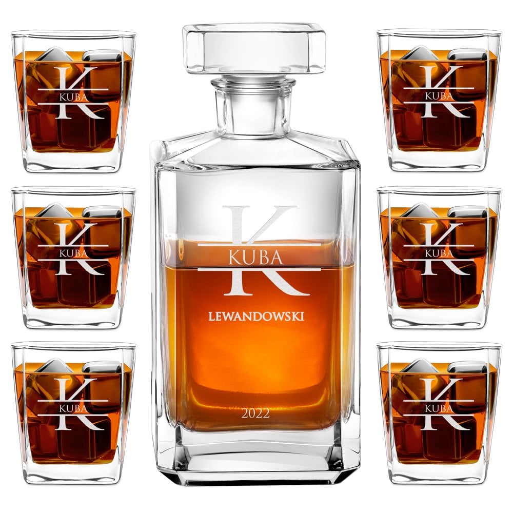 Bourbon Karaffe Set mit 6 Gläsern und Gravur mit Vornamen Nachnamen zum Geburtstag