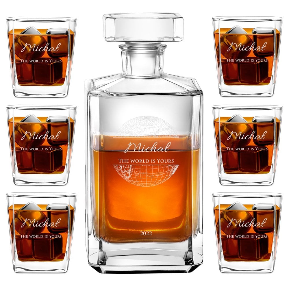 Bourbon Karaffe Set mit 6 Gläsern und Gravur für einen Globetrotter zum 18. Geburtstag