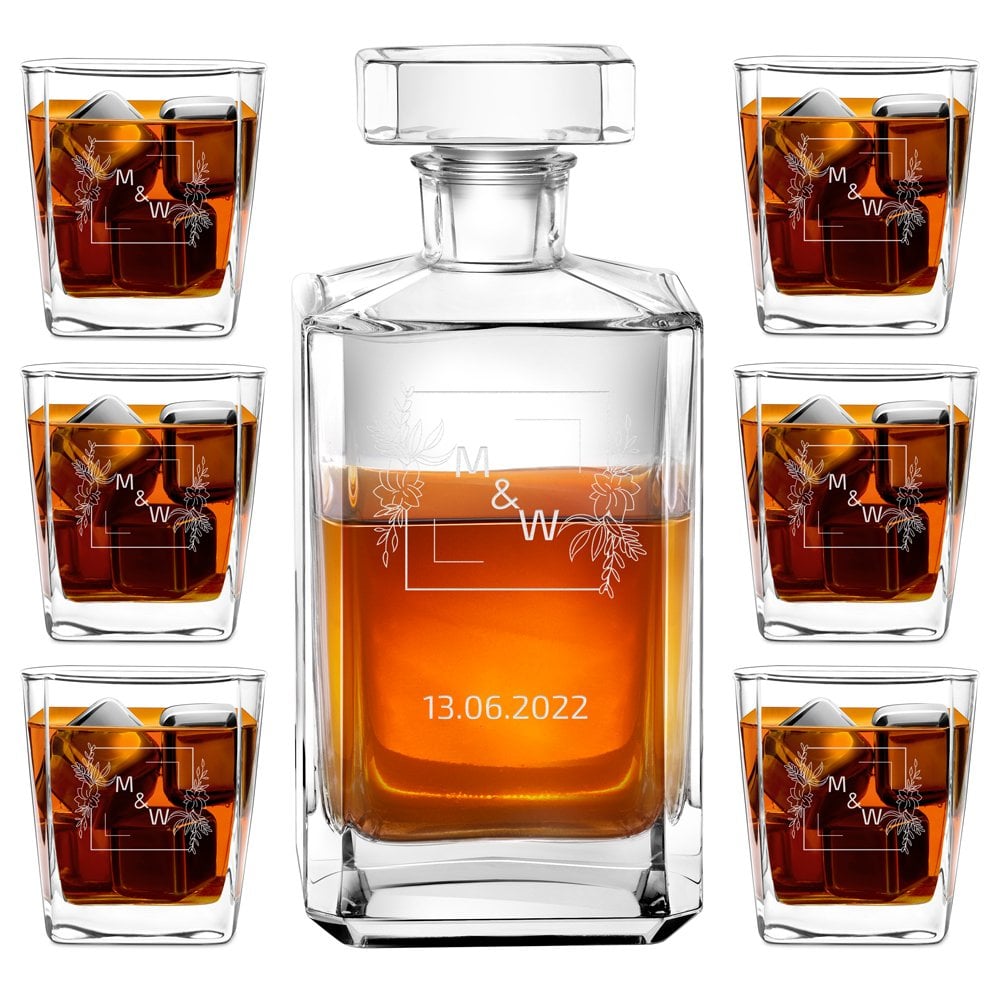 Bourbon Karaffe Set mit 6 Gläsern und Gravur für ein Paar zum Hochzeitstag Jahrestag