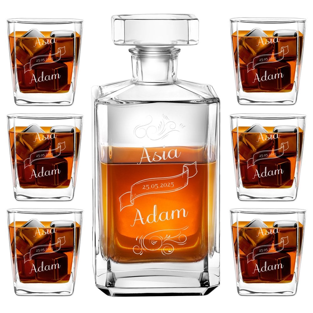 Bourbon Karaffe Set mit 6 Gläsern und Gravur für ein Paar zur Hochzeit zum Hochzeitstag