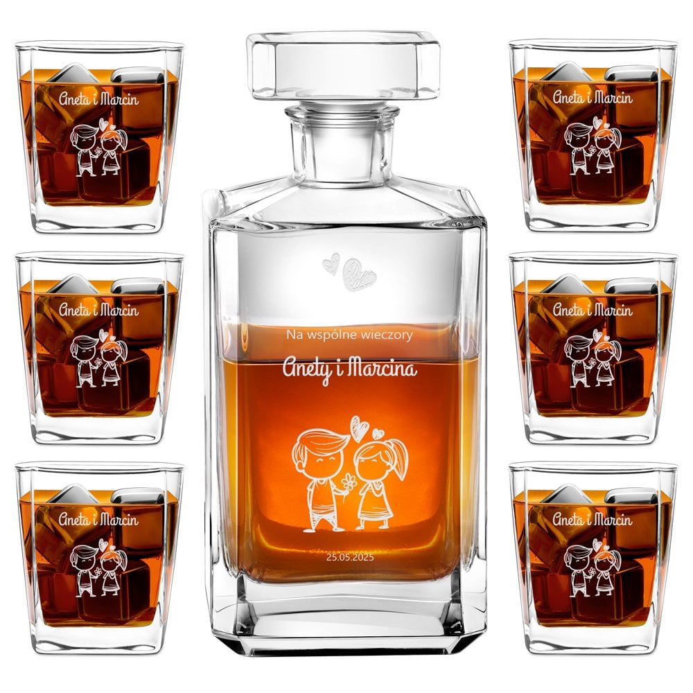 Bourbon Karaffe Set mit 6 Gläsern und Gravur für ein Paar zur Hochzeit zum Jahrestag Valentinstag