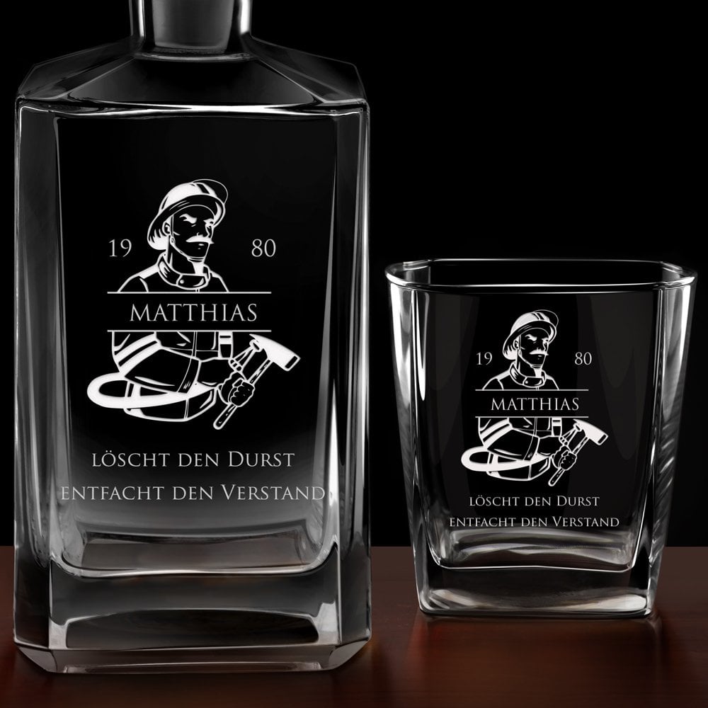 Bourbon Karaffe Set mit 2 Gläsern und Gravur für einen Feuerwehrmann