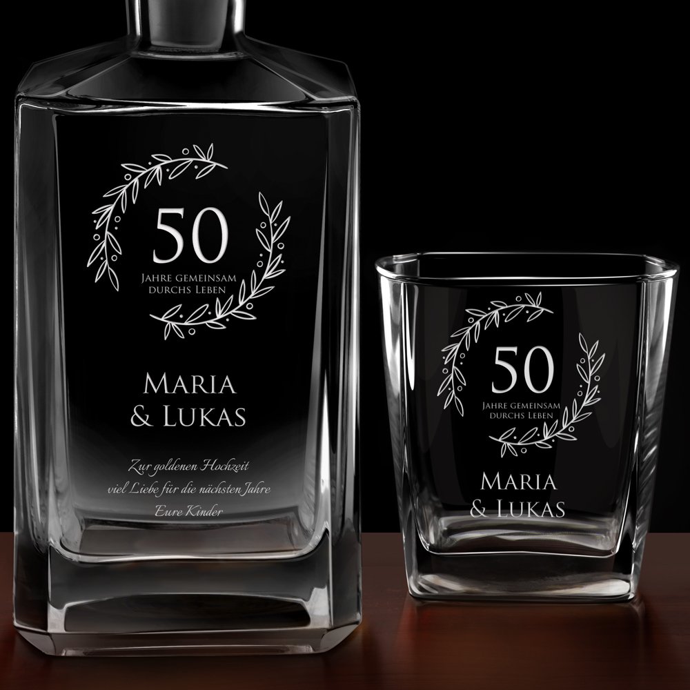 Bourbon Karaffe Set mit 2 Gläsern und Gravur ein Ehepaar zum 50. Hochzeitstag