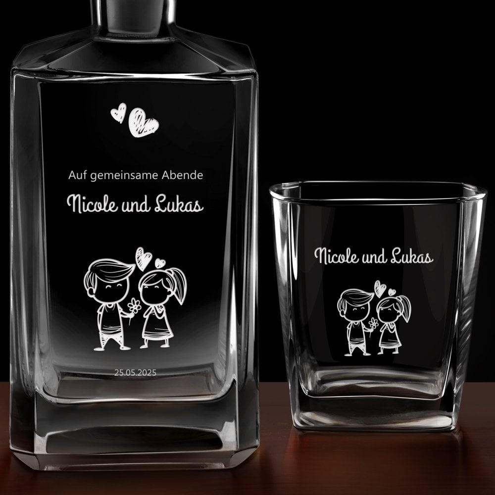 Bourbon Karaffe Set mit 4 Gläsern und Gravur für ein Paar zur Hochzeit zum Jahrestag Valentinstag