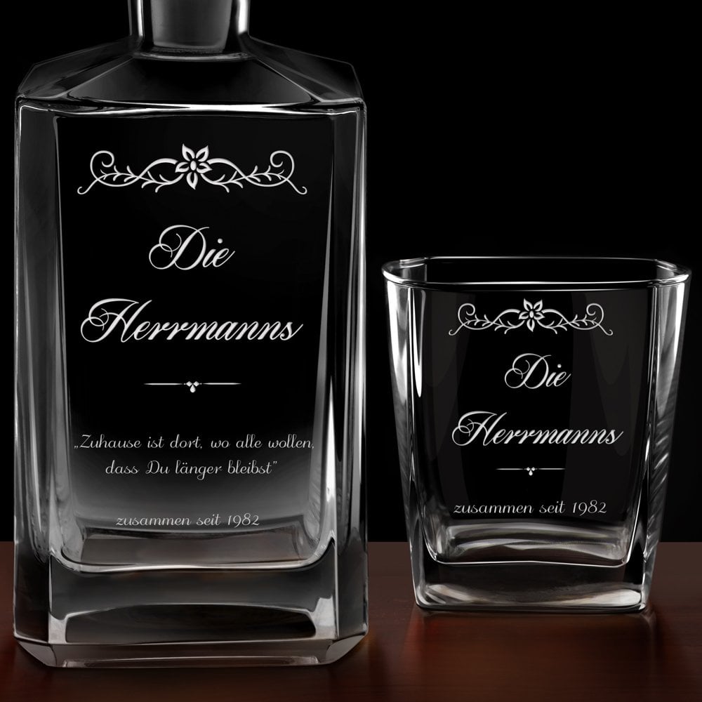 Bourbon Karaffe Set mit 2 Gläsern und Gravur für ein Paar zur Hochzeit zum Einzug