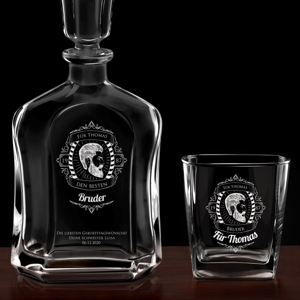 Whisky Karaffe Set mit 4 Gläsern und Gravur für Ihren Bruder, einen Bartträger zum Geburtstag